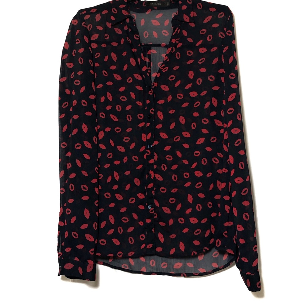 The Limited sheer navy shirt with red lips size L